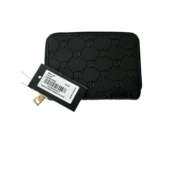 New Badgley Mischka Wallet Black Zipper Monogram Vegan Leather Glam Designer - Picture 3 of 9